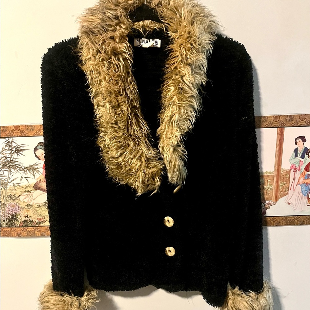 Luxurious Black and Gold Teddy Jacket with Faux Fur Trim